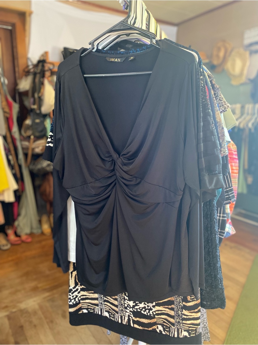 IMAN Black Knot-Front V-Neck Tunic